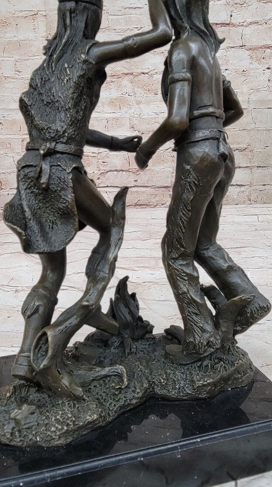 Handcrafted Two Indian Warrior Dancing Over the Fire Bronze Sculpture Artwork