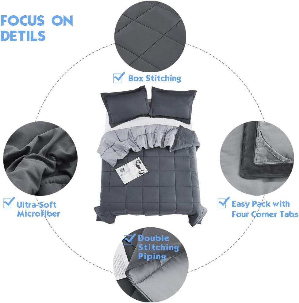 3Pc Grey Queen Size Comforter Set - All Season Reversible down Alternative Comfo