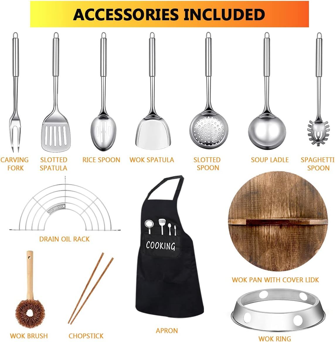 Carbon Steel Wok Pan, 14 Piece Woks &Stir-Fry Pans Set with Wooden Lid Cookwares