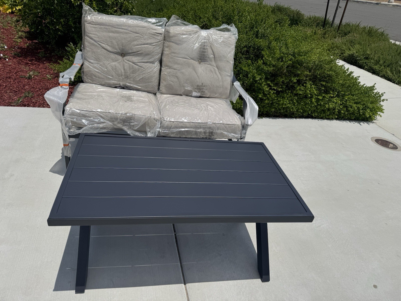 Festival Depot Patio Loveseat Set, Black & Beige, Steel Frame, Table, Cushions