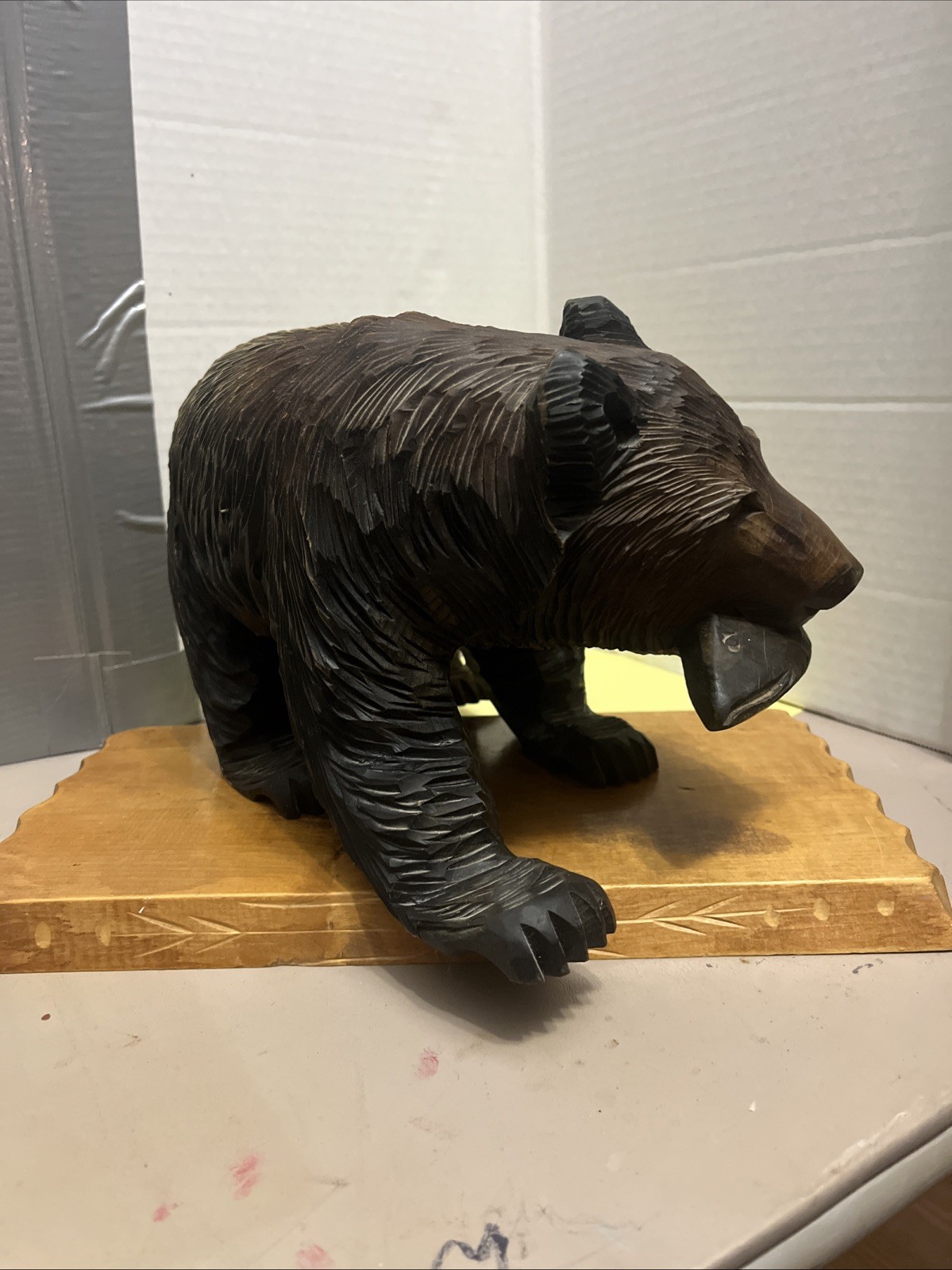 Japanese Style 13” W x 7” L x 9” T Wooden Ainu Bear With Salmon Statue With Base