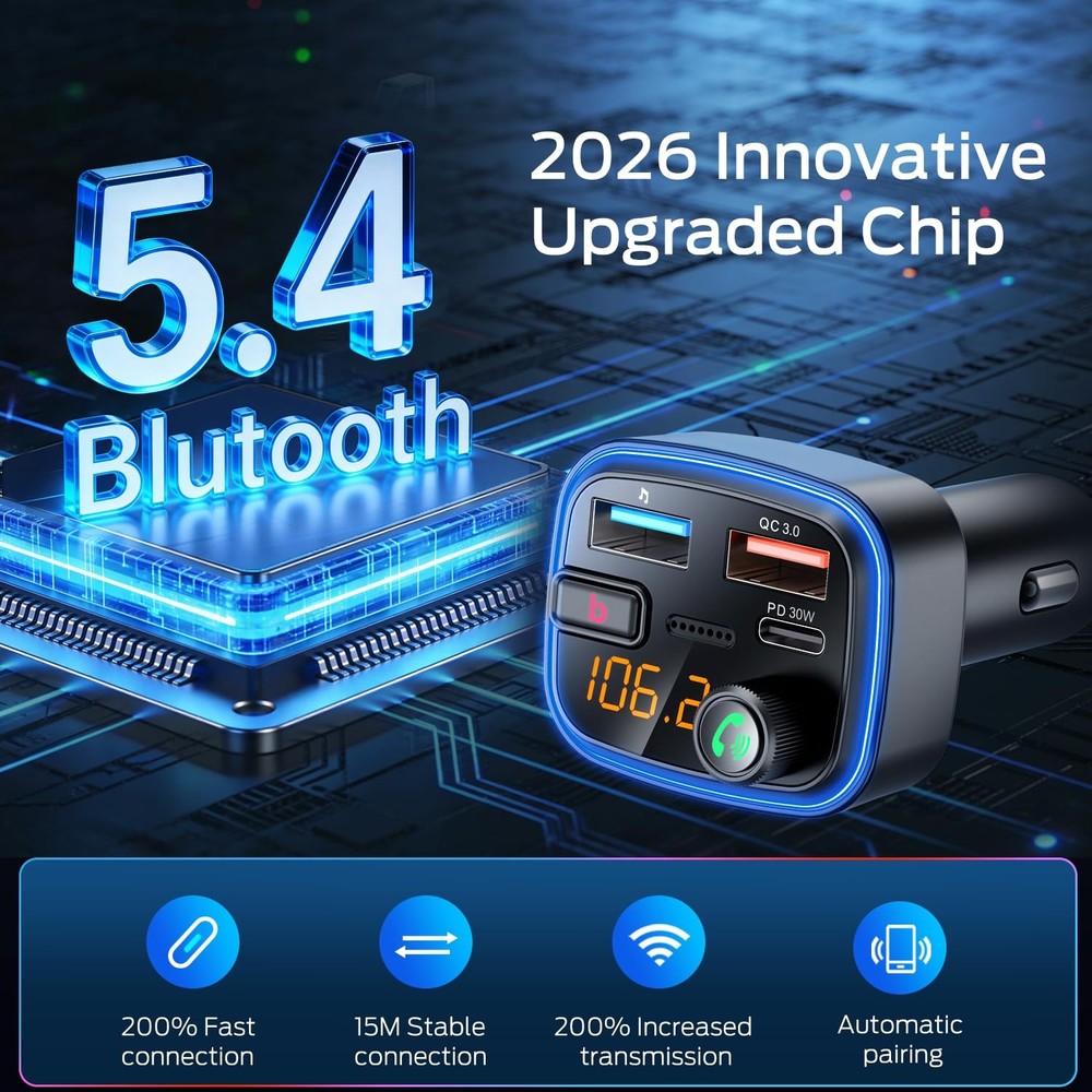 Adaptador Bluetooth 5.4 para coche, transmisor FM inalámbrico de carga rápida