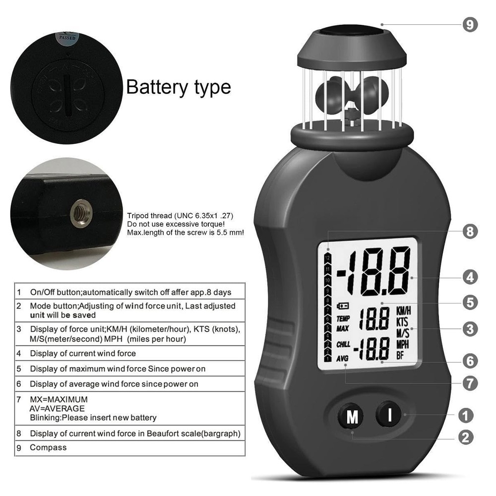 Digital Anemometer, Multifunction Anemometer, HP876 Handheld Wind Meter 0.742 m/s...