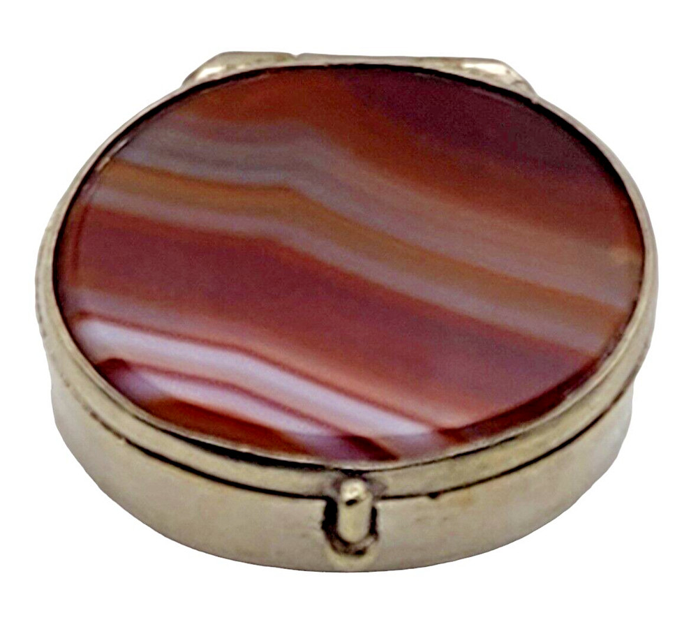 ANTIQUE Sterling Silver / Agate Oval Pill Box