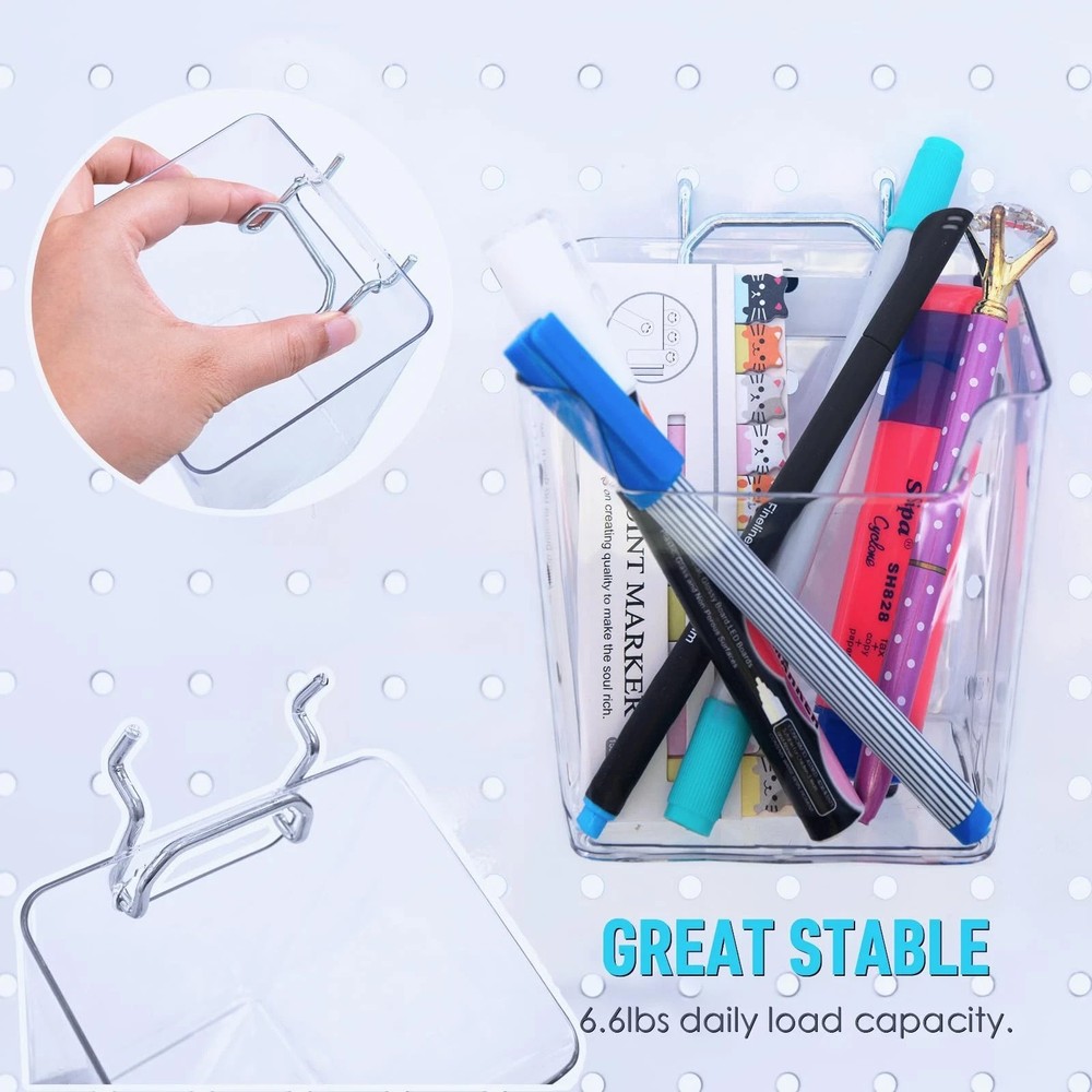 Large Pegboard Cups Peg Board Storage Bin 6 Pack with Hooks, Square Box Shape...
