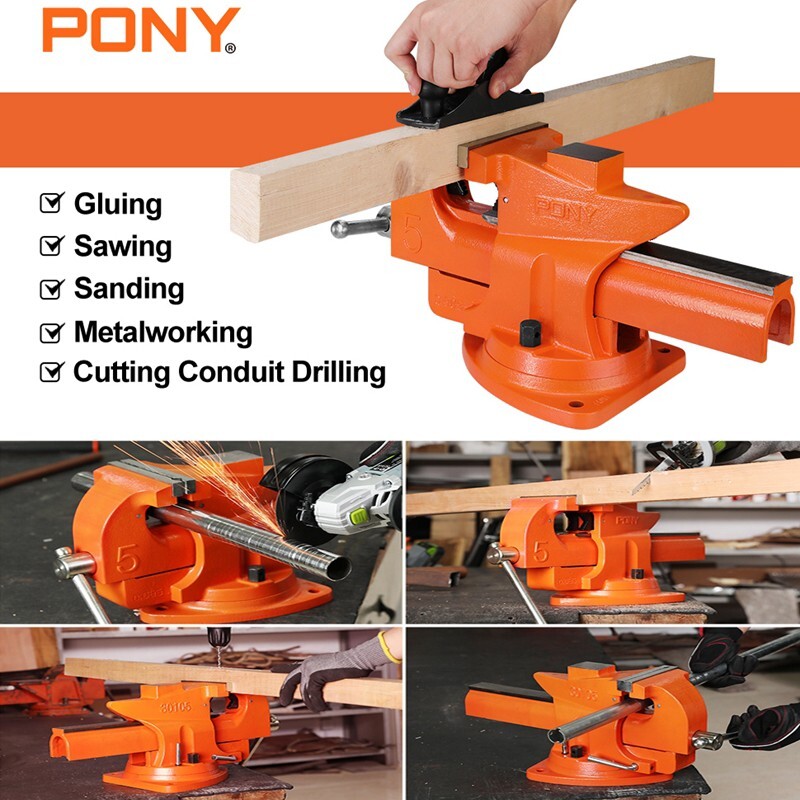 PONY 5-inch Heavy-Duty Bench Vise Utility Combination Pipe Vise 360° Swivel Base