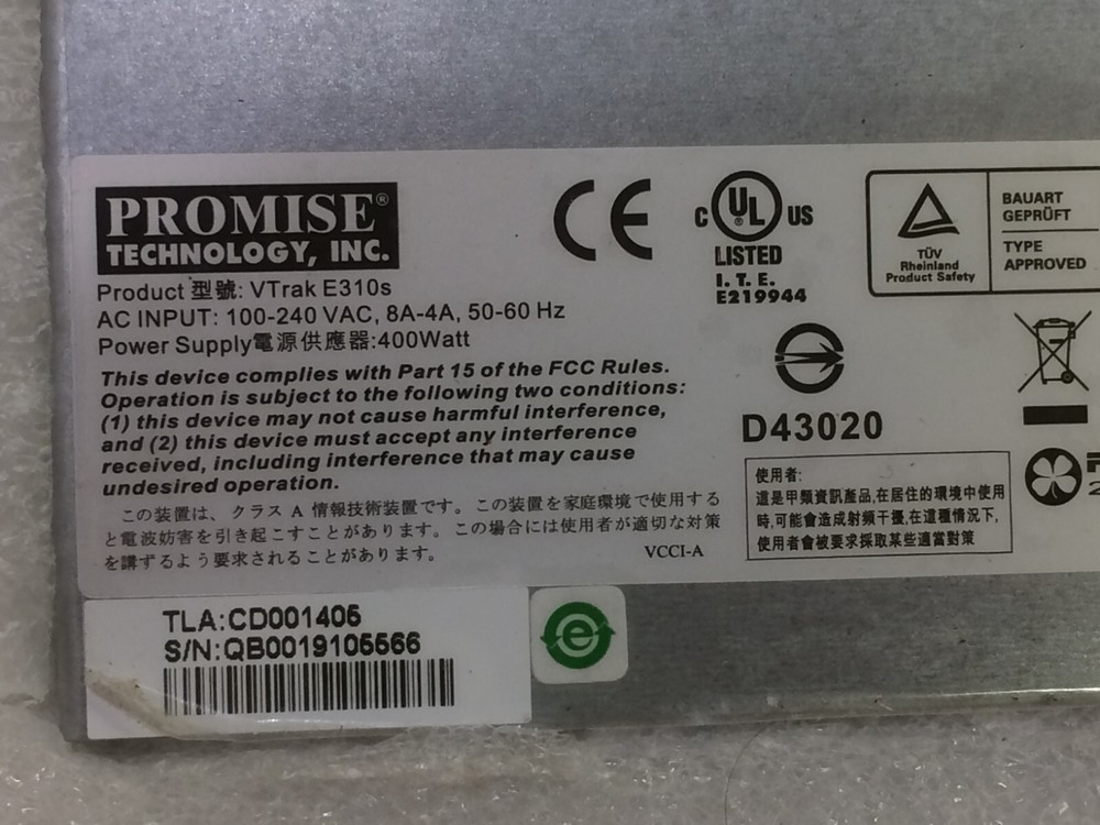 PROMISE TECHNOLOGY VTRAK E310S EMPTY CHASSIS LOCKABLE W KEYS