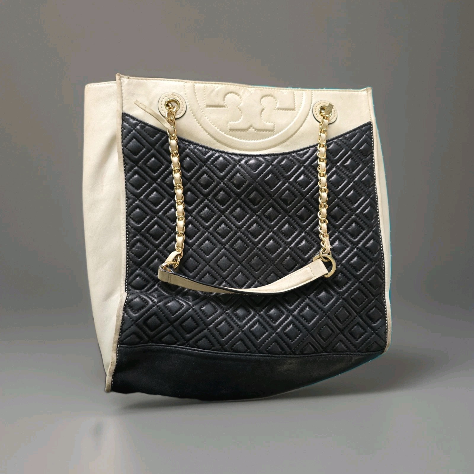 Tory Burch Fleming Quilted Leather Tote Black Ivory Chain Shoulder Bag