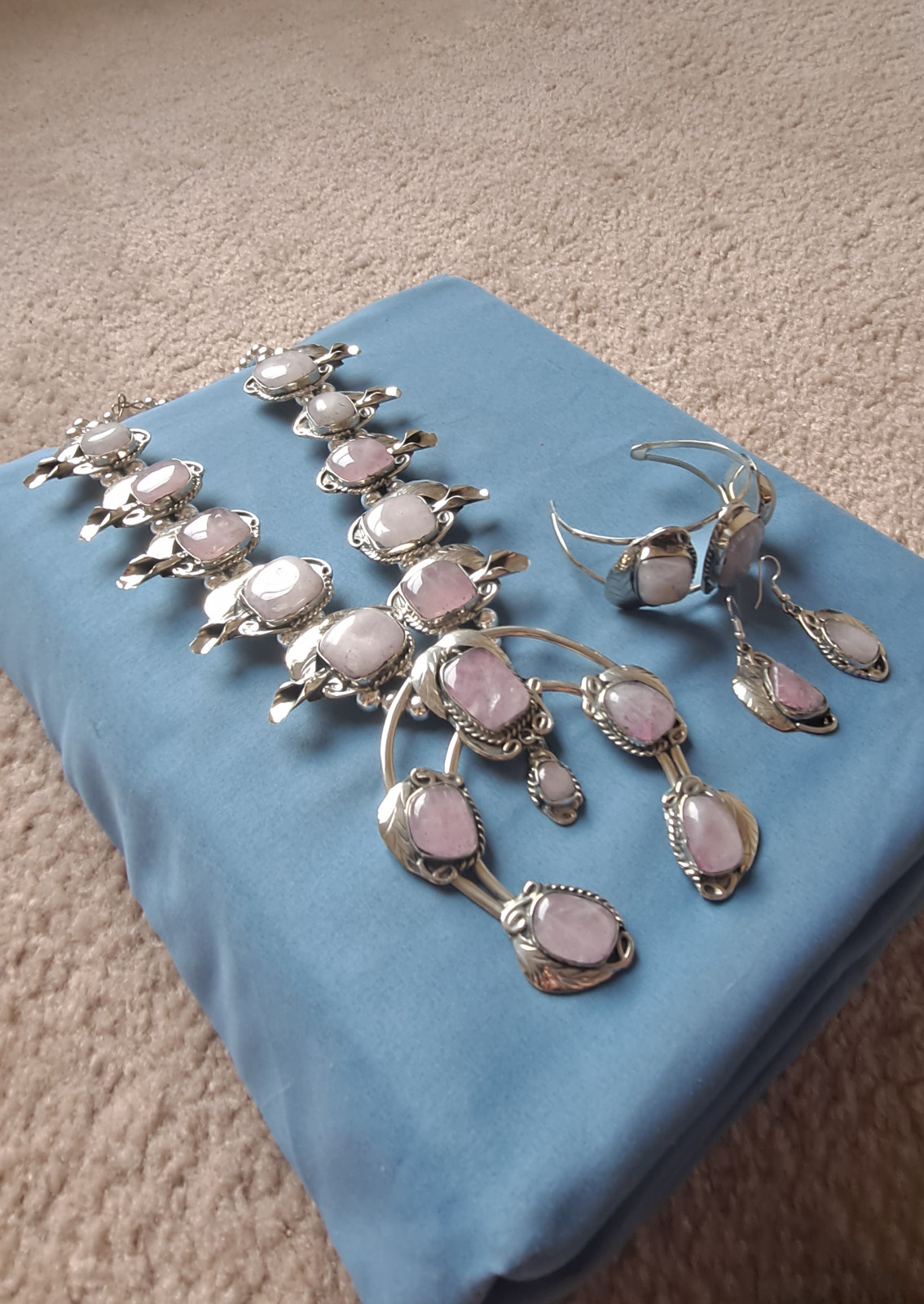 HUGE ROSE QUARTZ Silver Squash Blossom Necklace /w Bracelet and Earrings