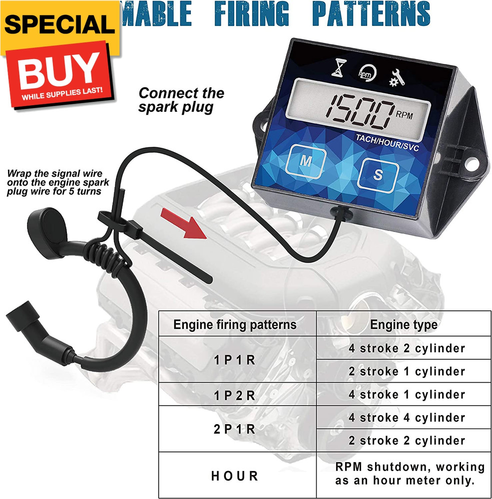 Small Engine Hour Meter, Digital Tachometer, Maintenance Reminder, Battery Repla