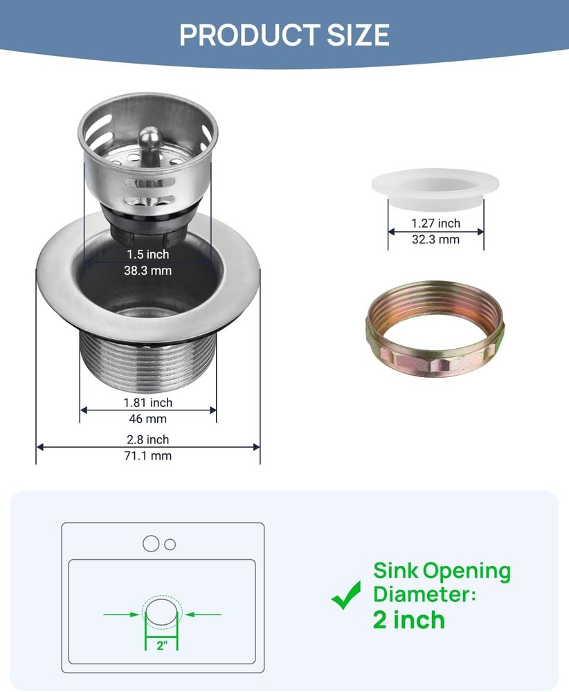 Professional 2" Kitchen Sink Drain Set featuring Strainer and Stopper