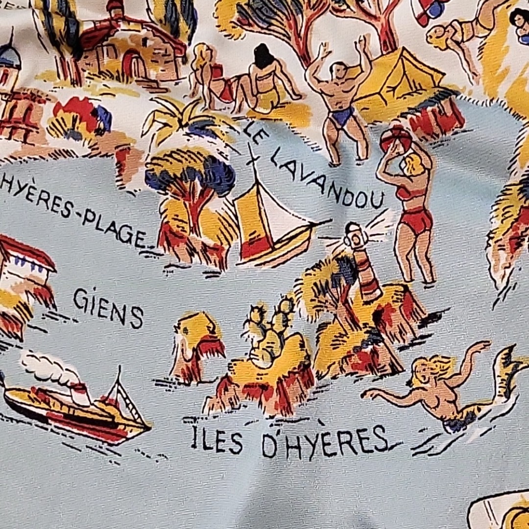 Vtg 50s/60s Côte d'Azur Silk Souvenir Scarf - French Riviera Map Mermaid 30"
