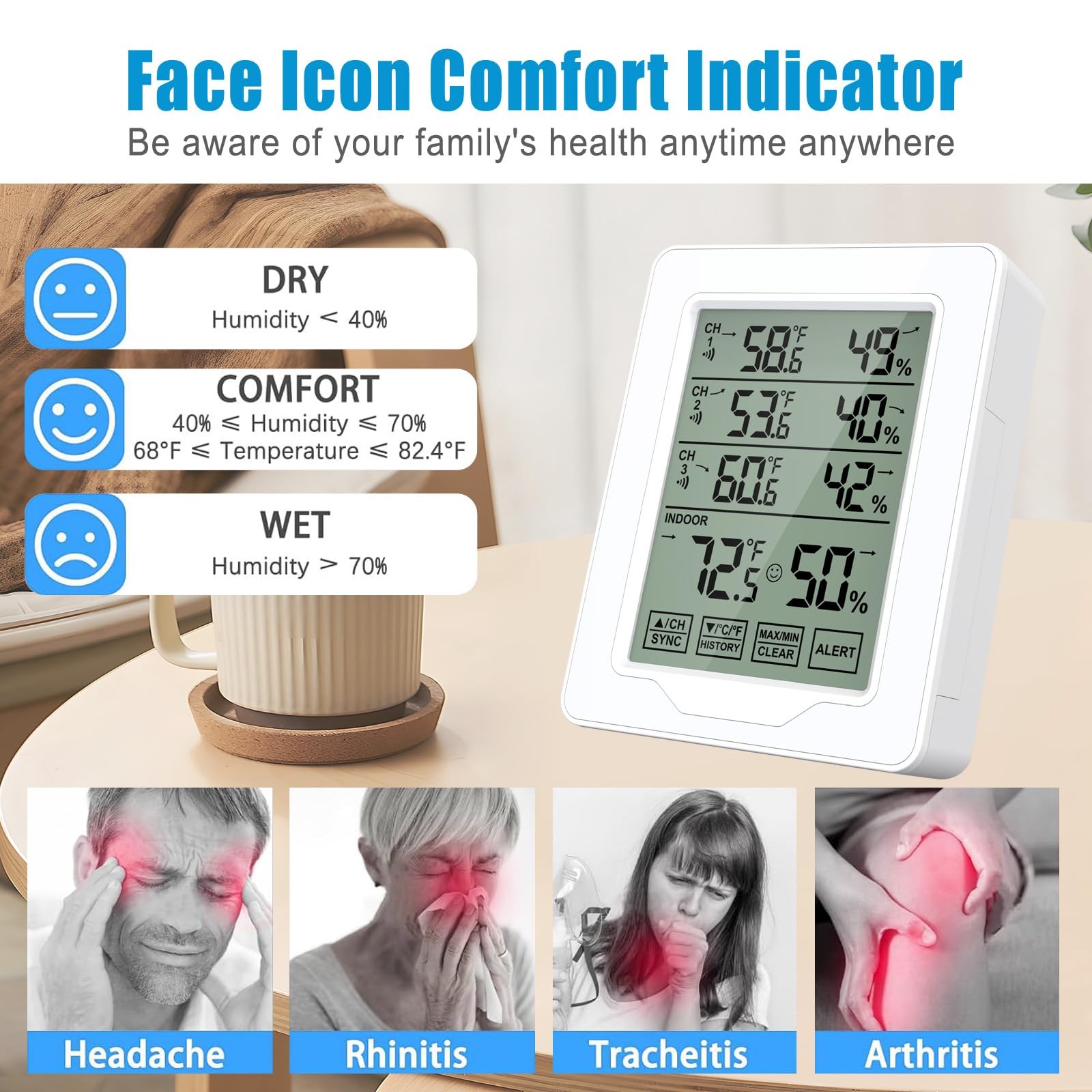 Indoor Outdoor Thermometer Wireless with 3 Remote Sensors Digital Temperature