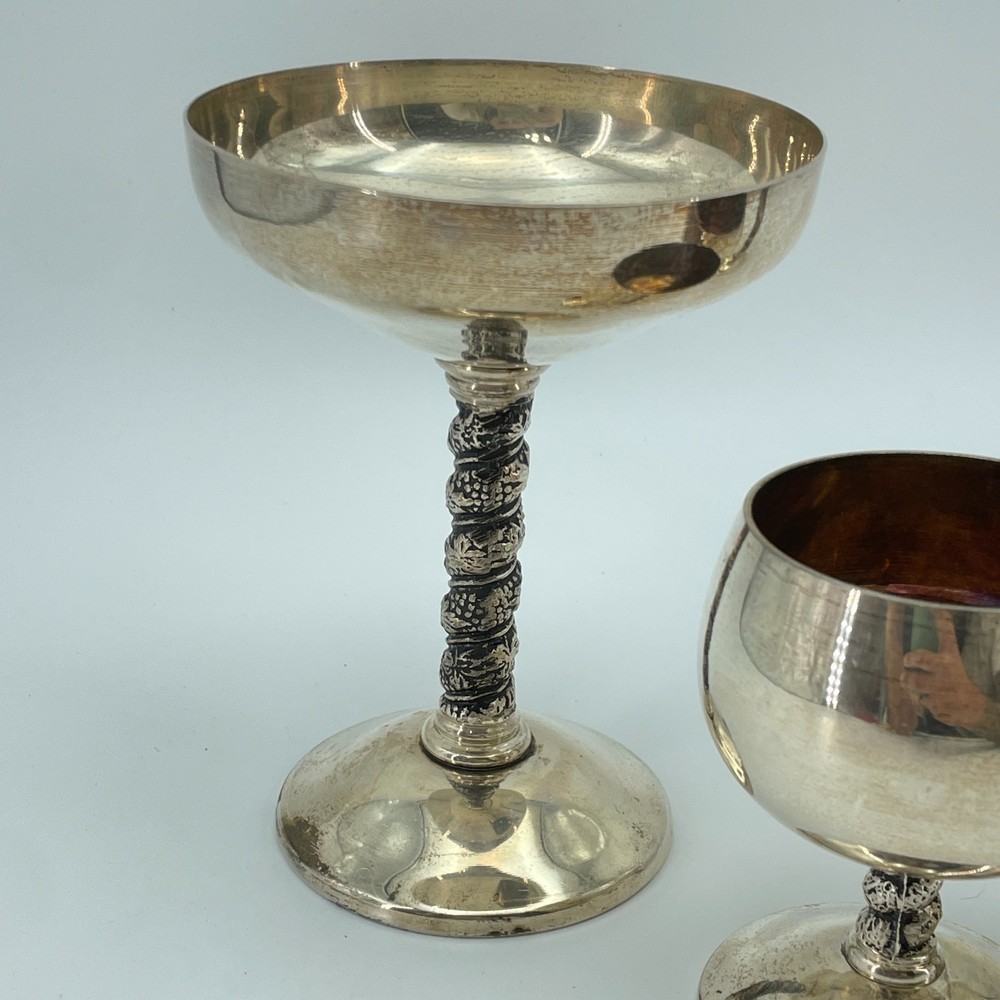 VINTAGE Silverplate Goblet Coupe Glasses Set 4 Decorative Stems 6in & 4in
