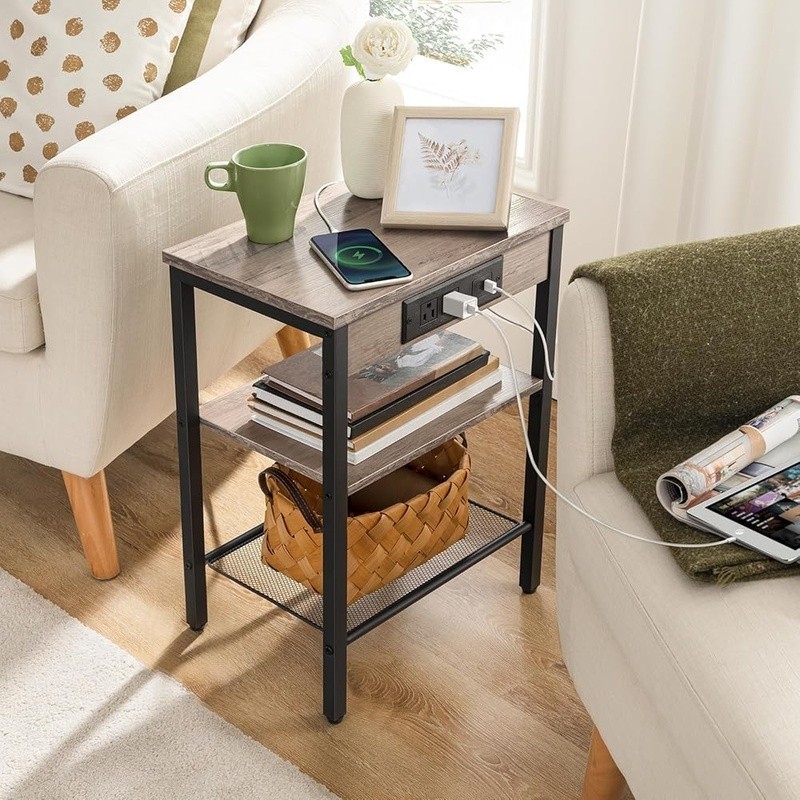 Multifunctional Side Table W/ Outlets USB Ports Adjustable Shelves Storage