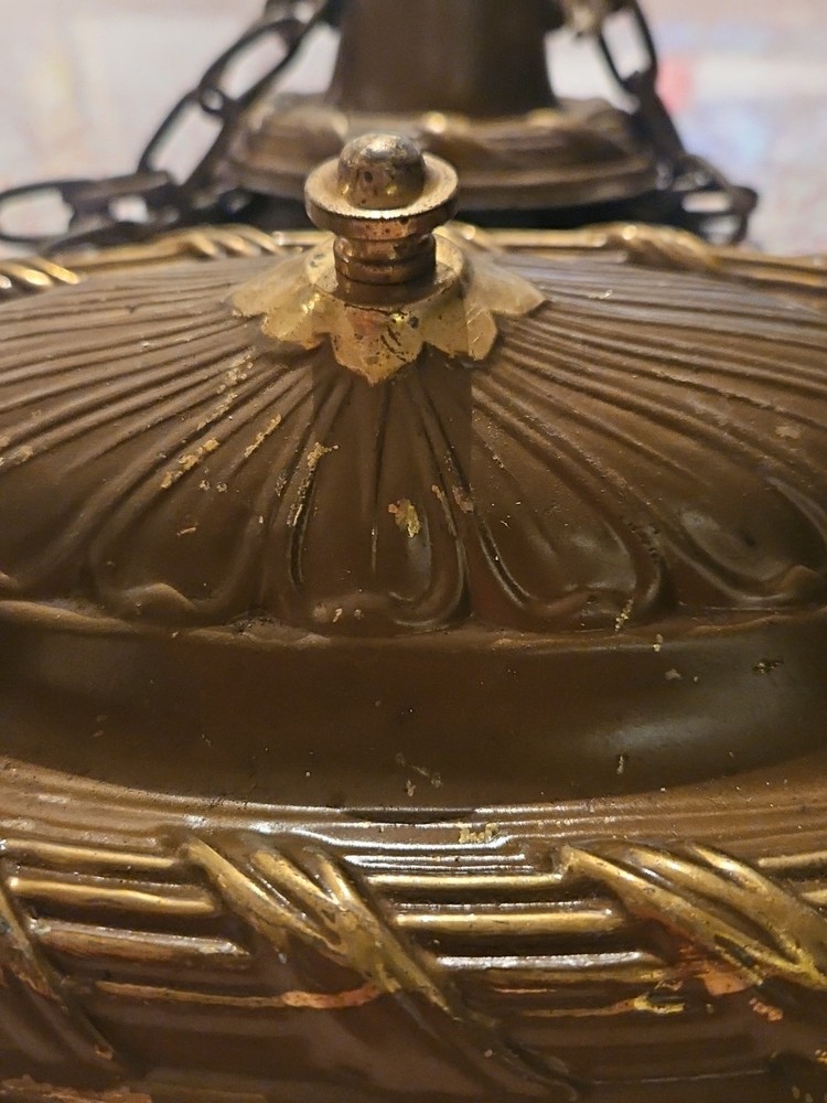 Antique Hanging Ceiling 2 Light Fixture Pressed Embossed Brass Ceiling Canopy