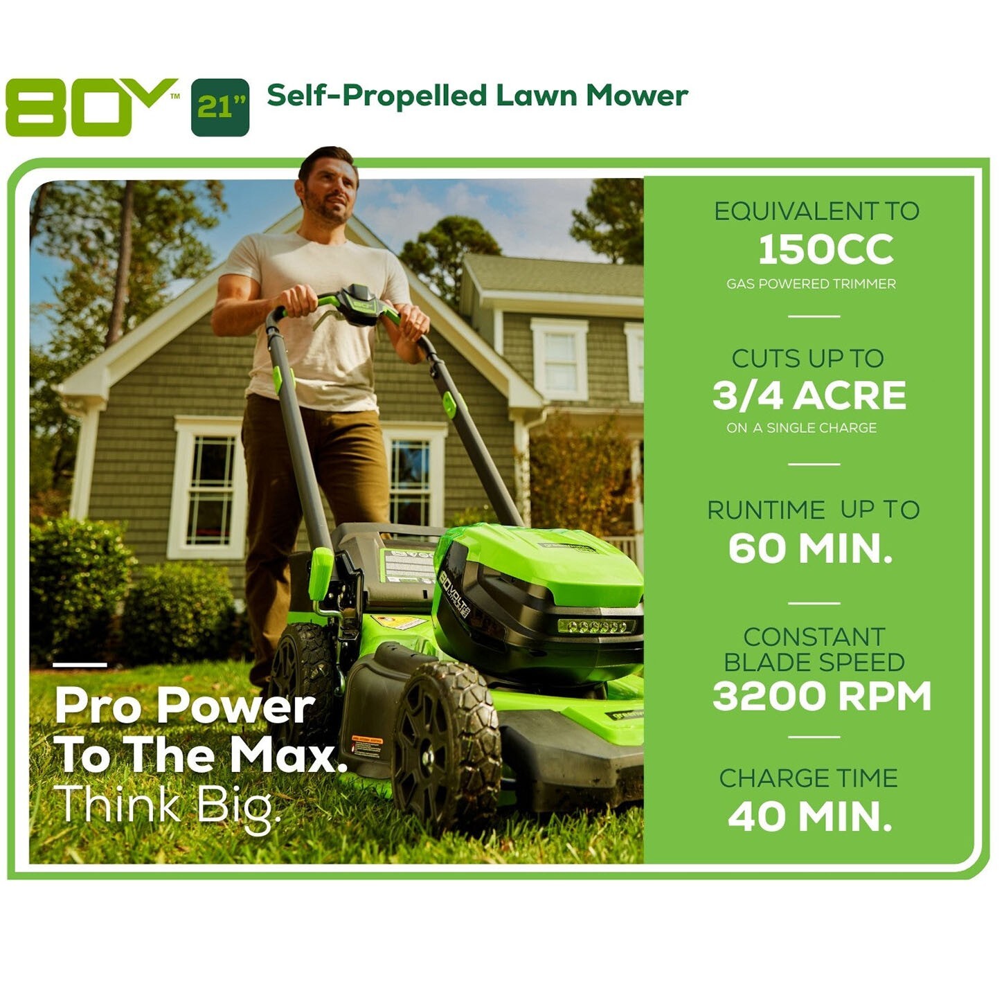 Greenworks 80V 21 inch Self-Propelled Mower w/ 4Ah + 2Ah Battery & Rapid Charger