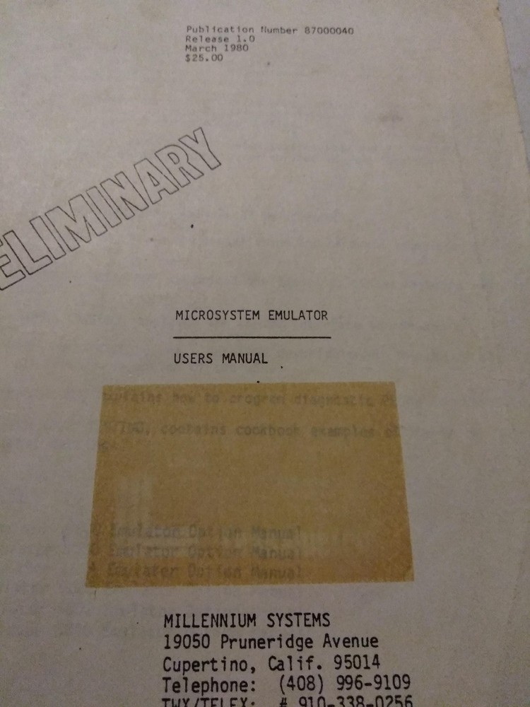 MILLENIUM SYSTEMS MICRO EMULATOR PRELIMINARY USERS MANUAL