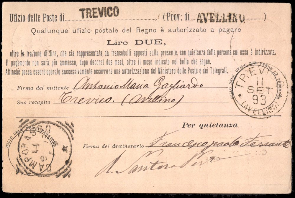 Italy-1893-Postcard-From Trevico Payment demand