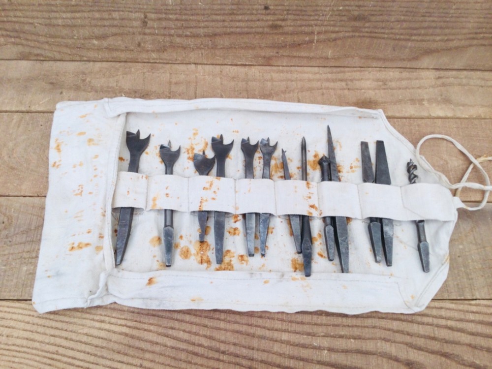 Vintage Carpentry Drill Brace Bits Selection & Tool Roll Woodworking Auger Bits