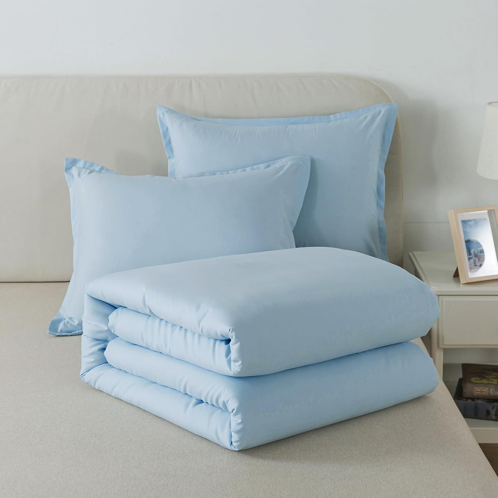 Queen Light Blue Comforter Set, Solid Lightweight Skin-Friendly Boho Bedding Set