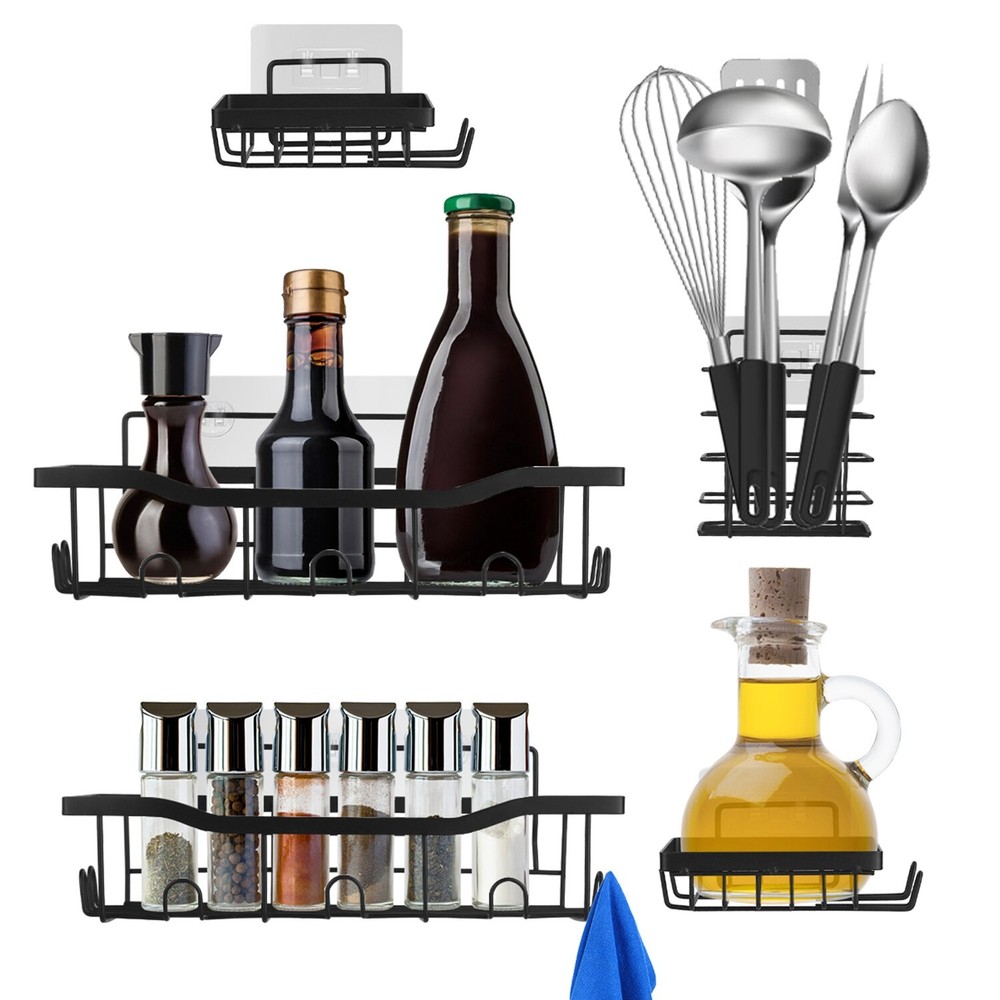5Pack Shower Caddy Adhesive Shelves Organizer w/ 18 Hooks Rustproof Storage Rack