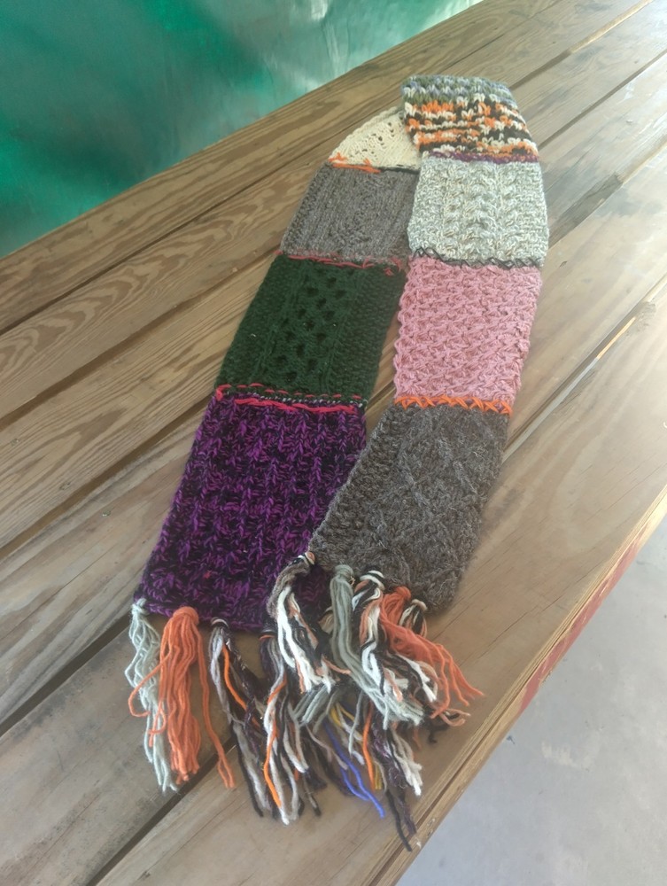 Handmade Patchwork Knit Scarf Multicolor Fringe