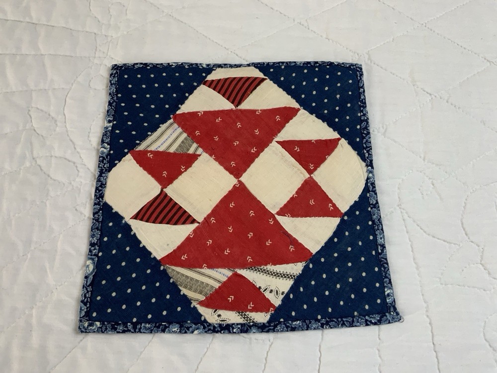 Antique Vintage Patchwork Quilt Table Topper, Four Patch W/ Triangles, Red, Navy