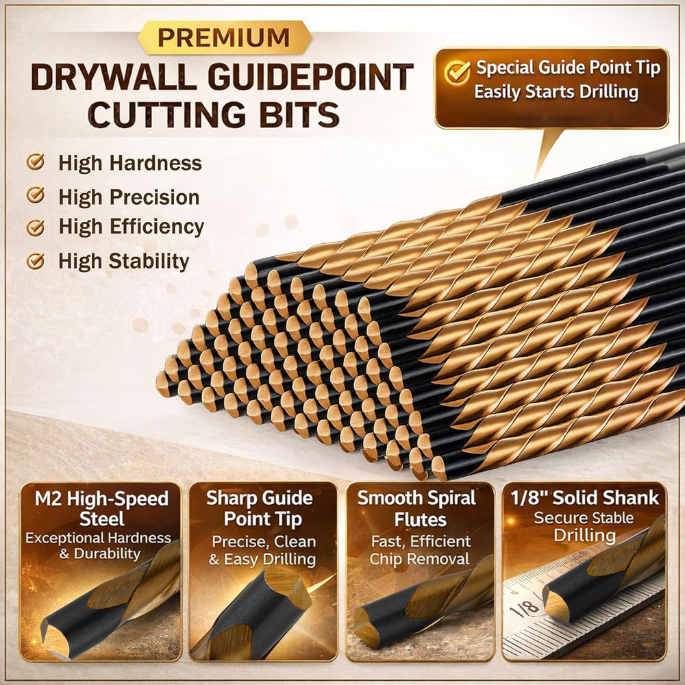 100 Pcs Drywall Rotor Tips 1/8" Drywall Router Drill Bits HSS Guidepoint Cutting