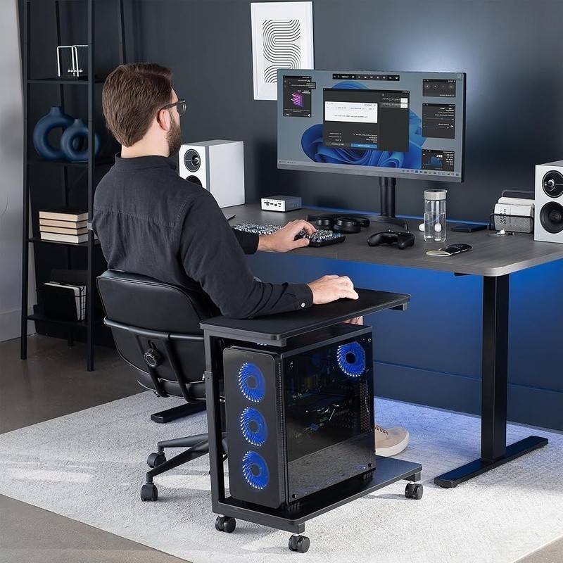 Height Adjustable Mobile PC Holder 2-Tier CPU Cart W/ Lockable Casters Storage