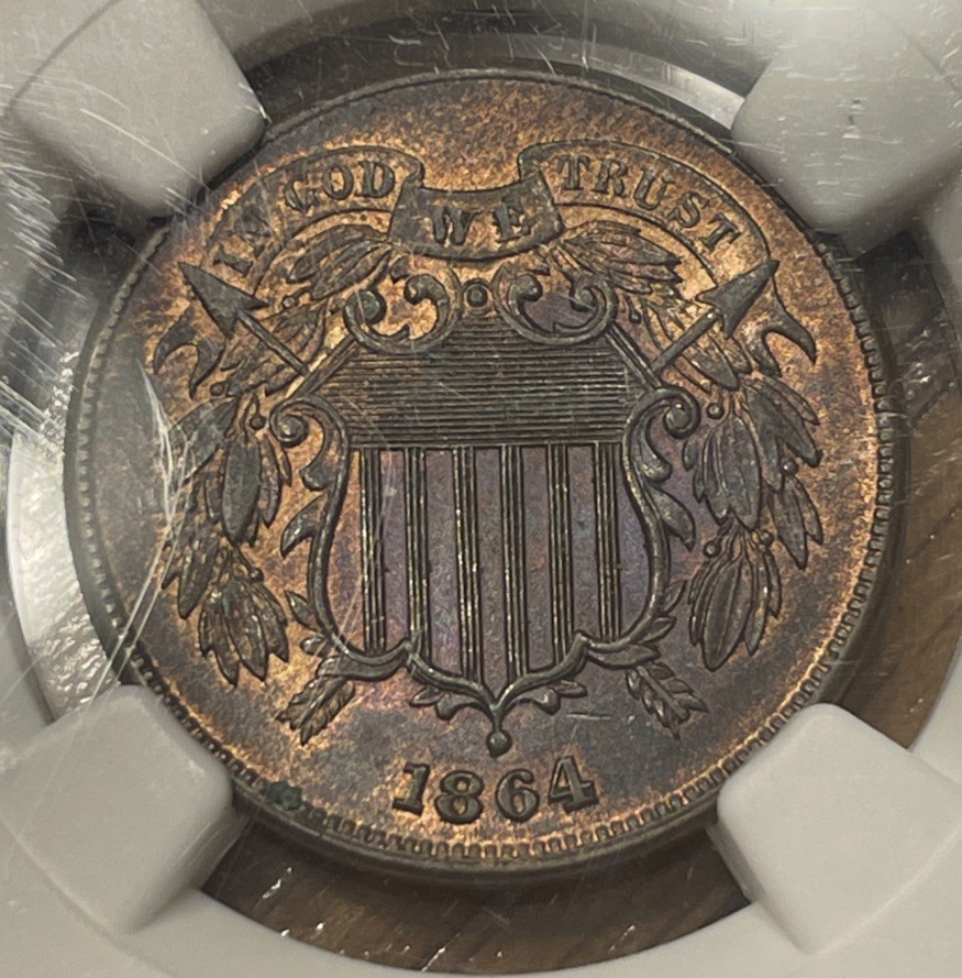 1864 Large Motto Two Cent Piece 2c NGC MS63RB Medallic Alignment