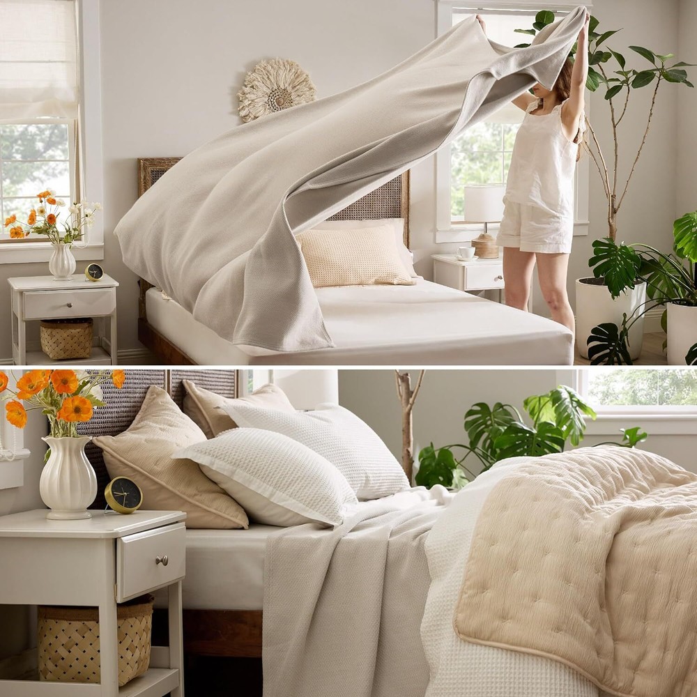 Cotton Queen Size Bed Blanket with Herringbone Weave for Summer