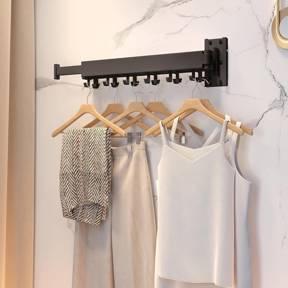 Clothes Drying Rack Wall Mount Folding Retractable Space Saving Black J Hooks