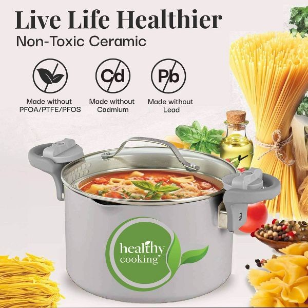 Gotham Steel 5 Qt Light Grey Ultra Nonstick Ceramic Pasta Pot with Strainer Lid