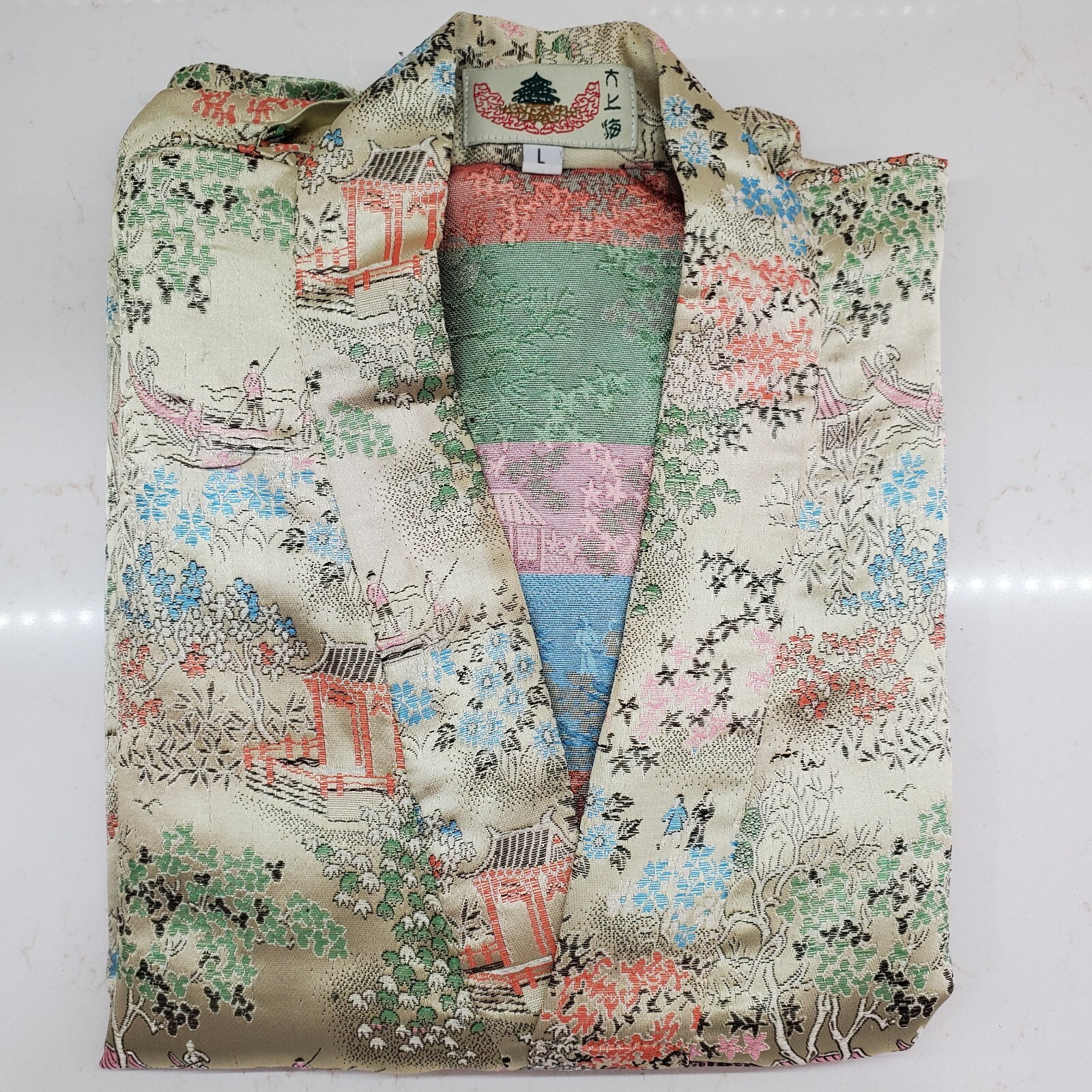 Greater Shanghai Hi-Low Kimono House Dress Vintage V-Neck Gold Brocade Size L