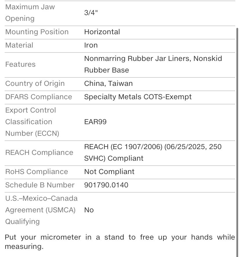 Outside Micrometer Base with Adjustable Clamp for Dimensional Measurement