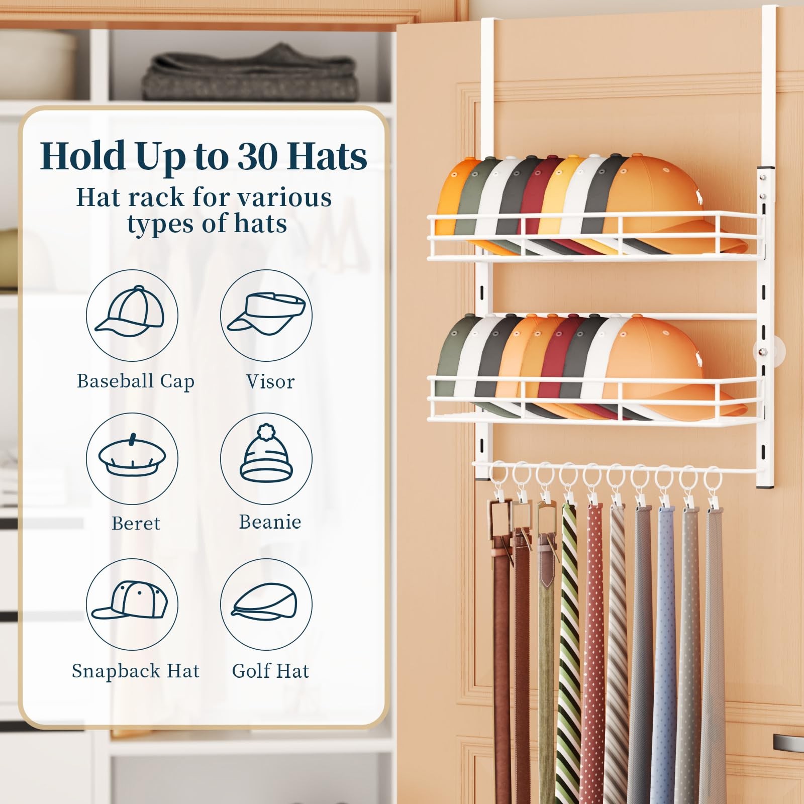 Over Door Hat Organizer 3 Tier Wall Mounted Hat Rack with 2 Adjustable Metal...