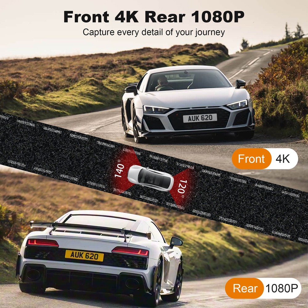 For A4 Dash Cam Front and Rear 4K Dash Camera, 2.4GHz WiFi, 2" Touch Screen