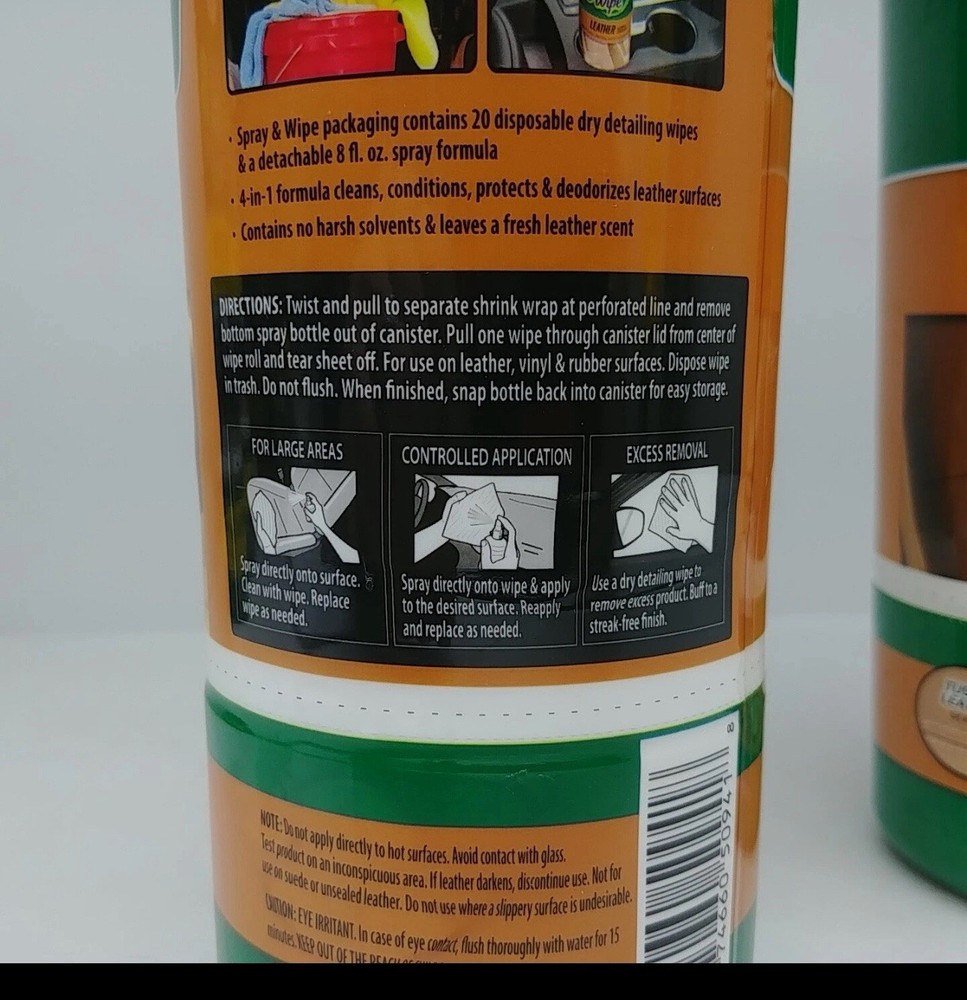 🔥(2-PACK) Turtle Wax Spray & Wipe LEATHER Clean Condition Protect & Remove Odor