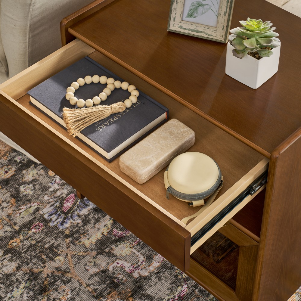 Bedside Table with Charging Station 2 Glass Drawers Features Open Shelving