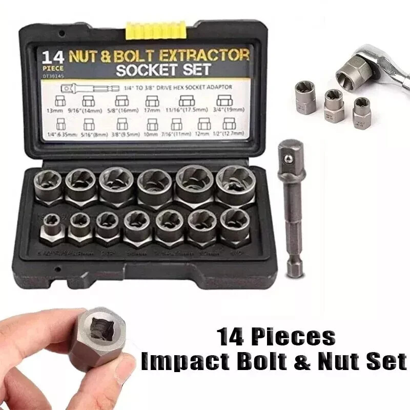 14PCS Impact Bolt Extractor Set Nut Remover Stripped Extraction Socket Tools