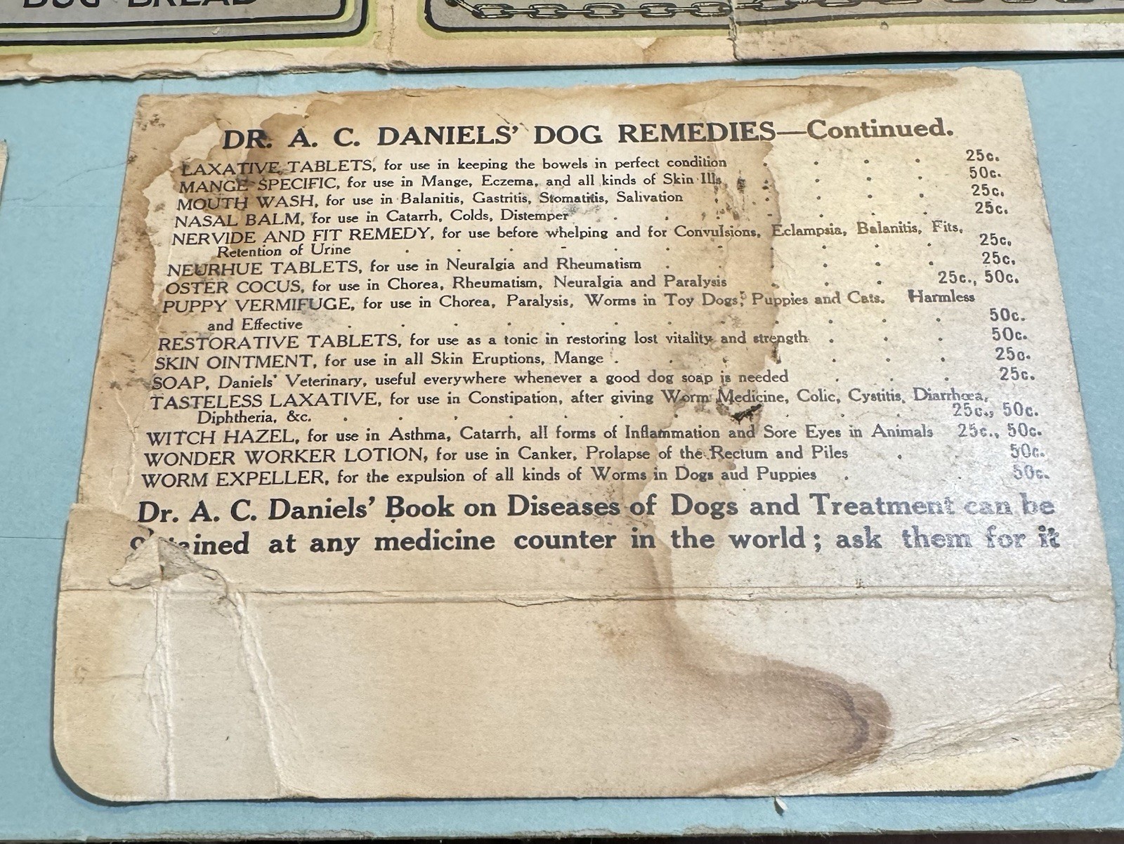 DR AC DANIELS PUPPY BREAD DOG BOSTON TERRIER VET VETERINARY MEDICINE BOX 1910s