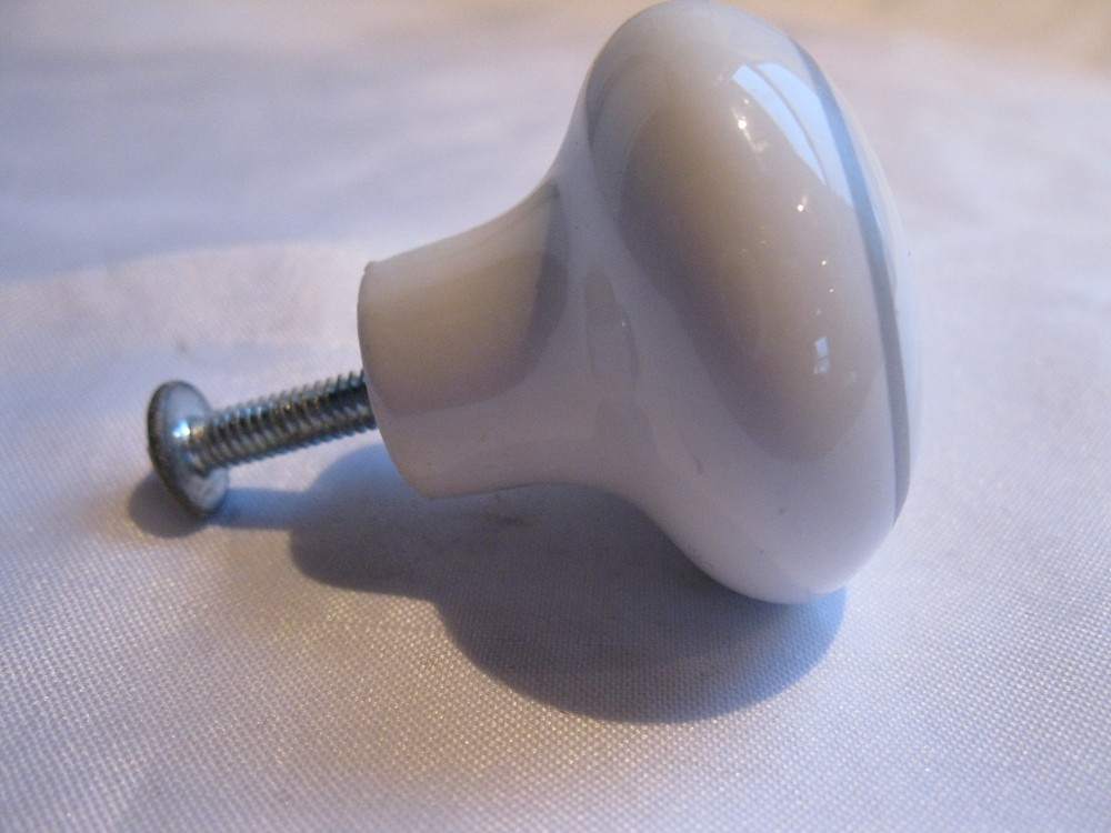 White Ceramic Drawer Pull Knob With Gray Grey Circle On Front With Screw