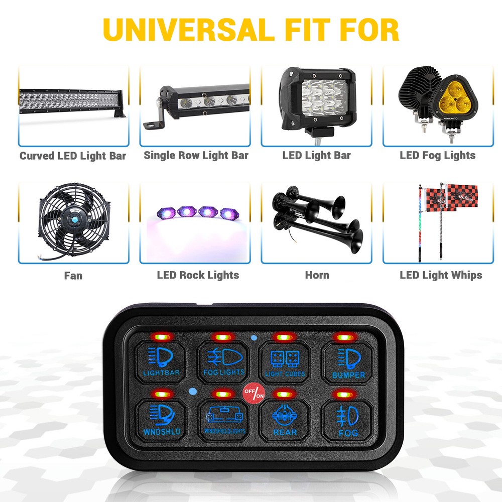 UTV 8 Gang 1200W LED Work Lights Relay Control Switch Panel Toggle Blue Backlit