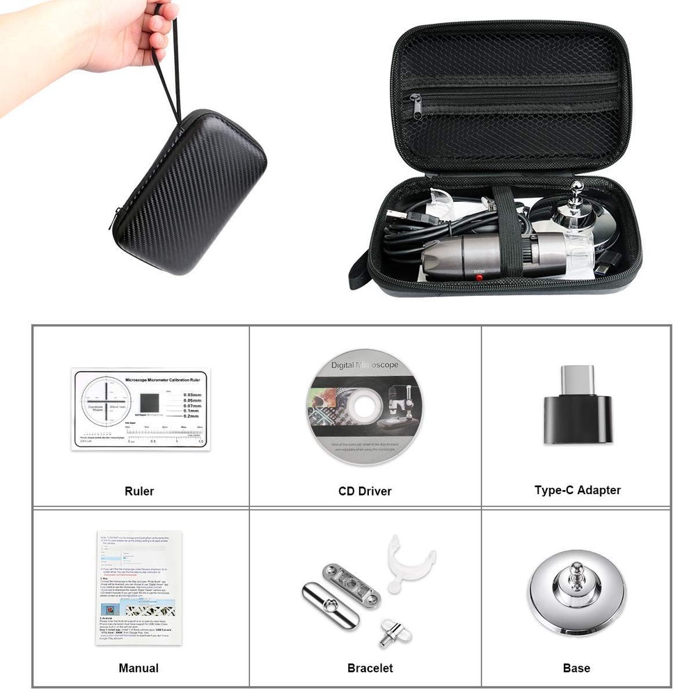 USB Microscope Camera with Stand - Compatible with Android Windows Linux Mac