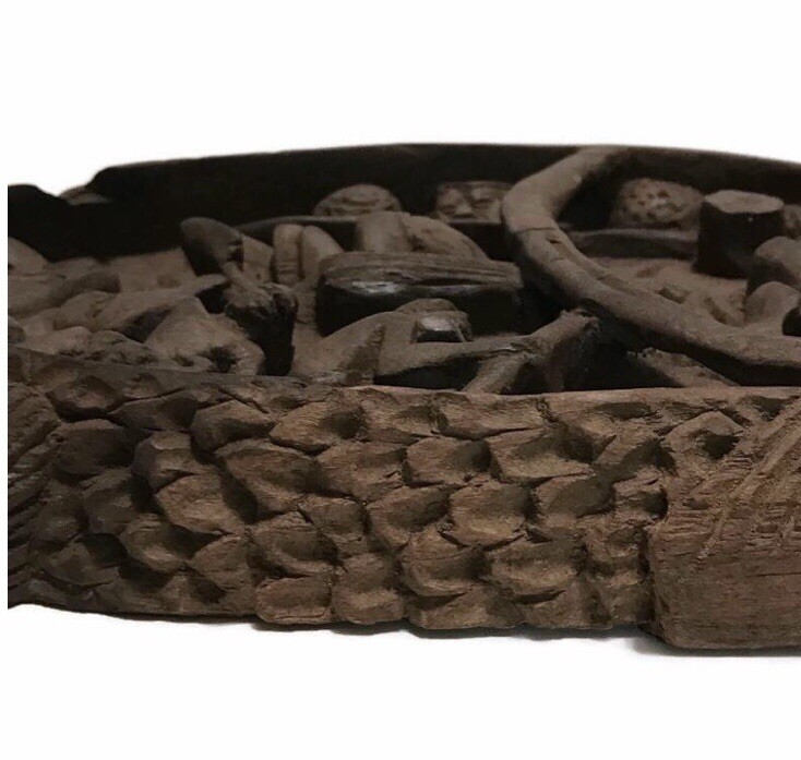 Antique African Carved Wood Fish Depicting Men Working Inside