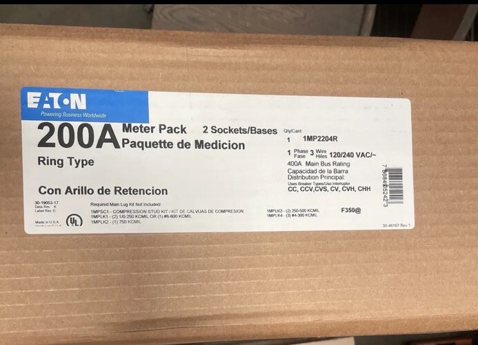 400 AMP Duplex Two Meter Socket Main Electrical Service Panel Pack Ring Type