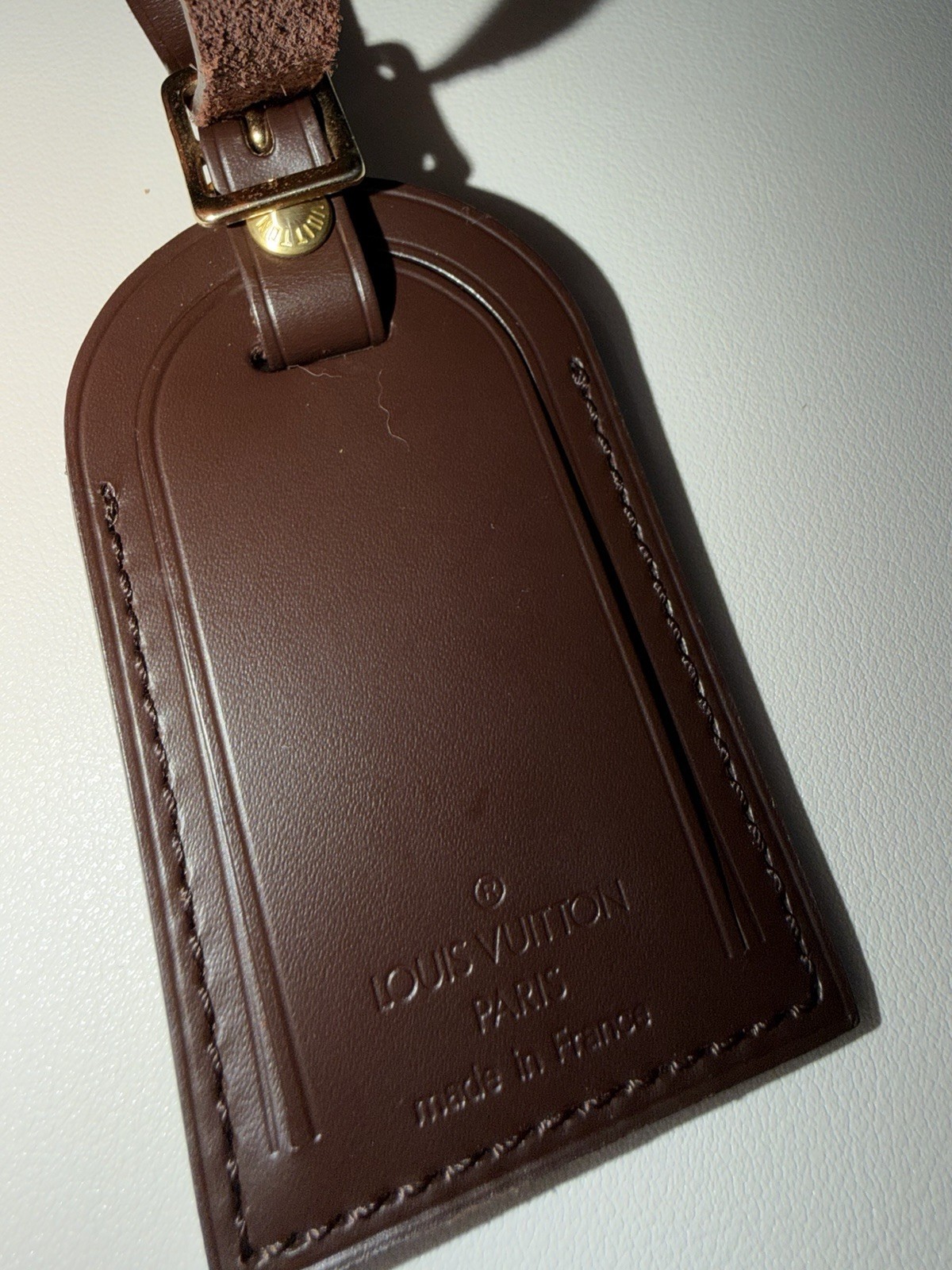 Louis Vuitton Name Tag Damier Ebene Dark Brown Goldtone Large AUTHENTIC