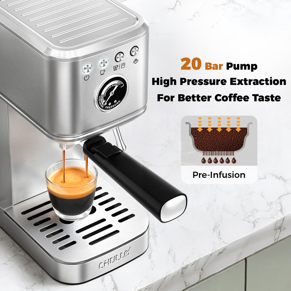 CHULUX Elite Espresso Machine 20 Bar, Compact Medium, Sterling Silver