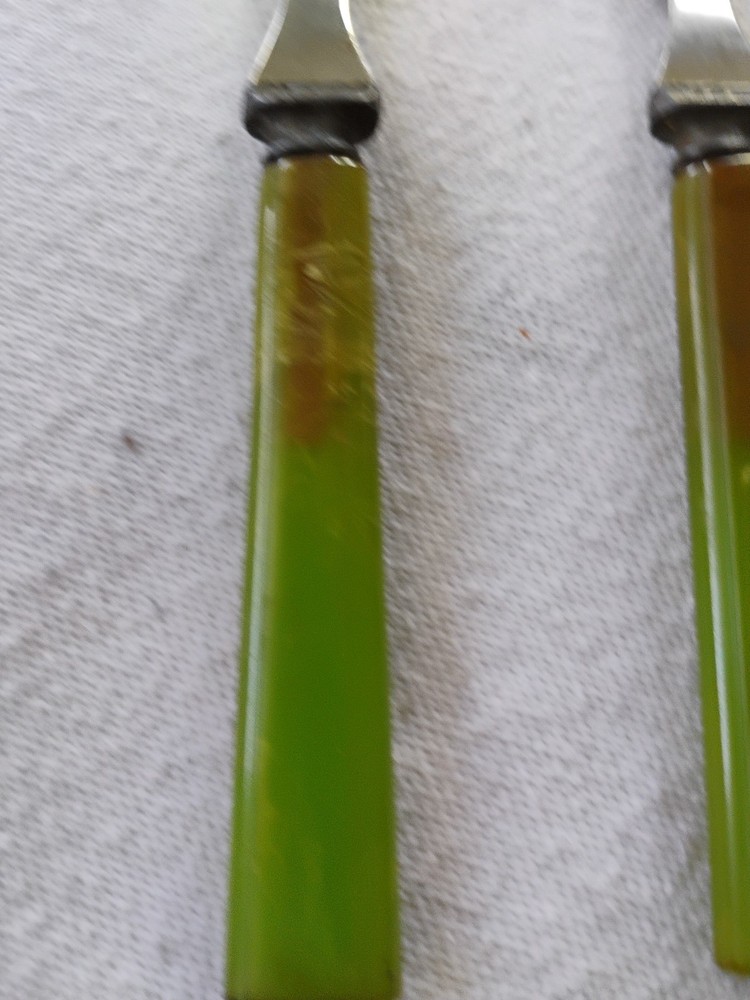 2 Vtg Green Bakelite Handled Dinner Forks Flatware